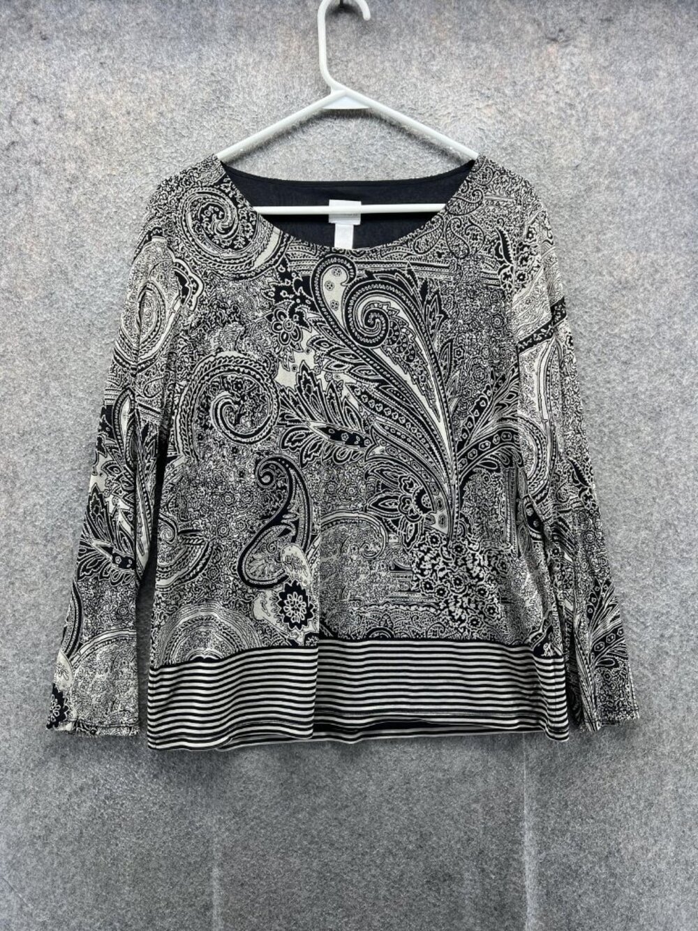Chico's Blouse Womens 2 Black Paisley Long Sleeve Lined Top Striped Hem